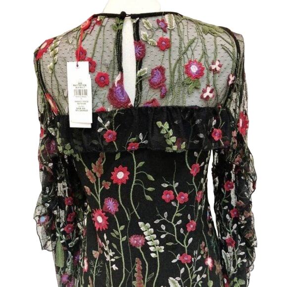 Red Carter Brianne Floral Embroidered Blouse Ruffle Sleeves Black Red  NWT S - Picture 7 of 11